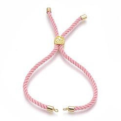 Pink Cotton Cord Bracelet Making, with Brass Findings, Flat Round with Tree of Life, Real 18K Gold Plated, Pink, 8-5/8 inch(22cm), Hole: 2mm