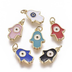 Mixed Color Enamel Charms, with Brass Findings and Cubic Zirconia, Hamsa Hand/Hand of Fatima/Hand with Eye, Golden, Mixed Color, 14.5x10x2mm, Hole: 3mm