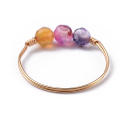 Mixed Color Natural Agate Finger Rings, with Brass Copper Jewelry Wire, Faceted, Golden, Mixed Color, Size 8~10, 18~20mm