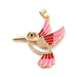 FireBrick Brass Micro Pave Clear Cubic Zirconia Pendants, with Enamel, Long-Lasting Plated, Real 18K Gold Plated, Bird, FireBrick, 33.5x31x2mm, Hole: 3x4mm