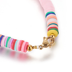 Pink Eco-Friendly Handmade Polymer Clay Heishi Beads Bracelets, Brass Spacer Beads and 304 Stainless Steel Lobster Claw Clasps, Pink, 7-1/2 inch(19cm), 6mm