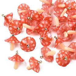 Orange Red Plastic Pendants, with Acrylic and Golden Plated Brass Loops, Mushroom, Orange Red, 18x15mm, Hole: 1.5mm