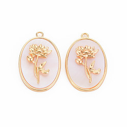 January Carnation Brass Birth Floral Pendants, Oval with Flower Mother of Pearl White Shell Charms, Nickel Free, Real 18K Gold Plated, January Carnation, 27x18x4mm, Hole: 1.8mm