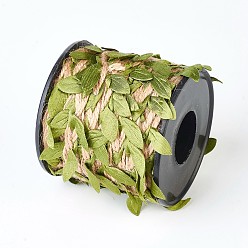 Yellow Green Leaf Trim Ribbon, with Jute String Twine, for DIY Craft Party Wedding Decoration, Yellow Green, 6x1mm, Leaf: 17x7mm, about 10.93 yards(10m)/roll
