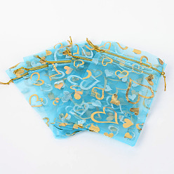 Light Sky Blue Heart Printed Organza Bags, Gift Bags, Rectangle, Light Sky Blue, 14x10cm