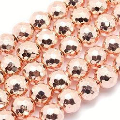 Rose Gold Plated Electroplate Non-magnetic Synthetic Hematite Beads Strands, Grade AAA, Long-Lasting Plated, Faceted, Round, Rose Gold Plated, 6mm, Hole: 1mm, about 63pcs/strand, 15.5 inch(39cm)