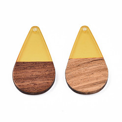 Yellow Transparent Resin & Walnut Wood Pendants, Teardrop Shape Charm, Yellow, 38x22x3mm, Hole: 2mm
