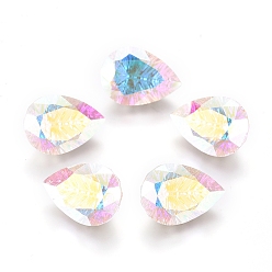 Crystal AB Glass Rhinestone Cabochons, Pointed Back Plated, Faceted, Teardrop, Crystal AB, 14x10x7mm