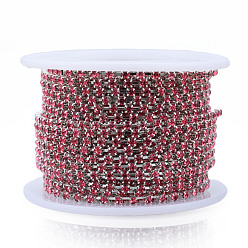 Rose Silver Plated Brass Rhinestone Strass Chains, Rhinestone Cup Chains, Soldered, with Spool, Rose, 3mm, about 32.81 Feet(10m)/Roll
