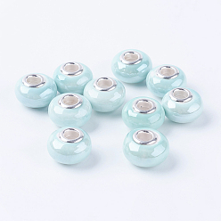 Turquoise Handmade Porcelain European Beads, with Silver Color Brass Double Cores, Rondelle, Turquoise, 15x10~11mm, Hole: 5mm