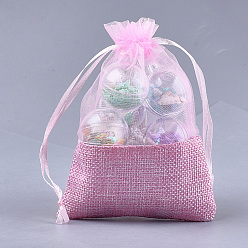 Pink Сумочки из органзы, с тканью мешковины, шнурок сумки, прямоугольные, розовые, 17~18x12.4~13 см