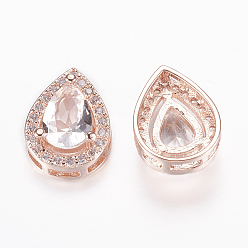 Real Rose Gold Plated Brass Micro Pave Cubic Zirconia Slide Charms, Rack Plating & Long-Lasting Plated, Cadmium Free & Nickel Free & Lead Free, Real Rose Gold Plated, teardrop, 16x12x7.5mm, Hole: 1.5x2~6mm