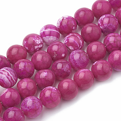 Fuchsia Dyed Natural Crackle Agate Beads Strands, Round, Fuchsia, 10~11mm, Hole: 1mm, about 38pcs/strand, 15.1 inch