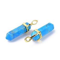 Howlite Natural Howlite Pointed Pendants, with Random Brass Pendant Hexagon Bead Cap Bails, Golden, Dyed & Heated, Bullet, 38.5~40x12~12.5x10~11mm, Hole: 3x4.5mm