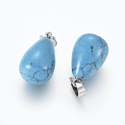 Synthetic Turquoise Synthetic Turquoise Pendants, with Platinum Tone Brass Findings, Drop, 24~24.5x14mm, Hole: 5x7mm