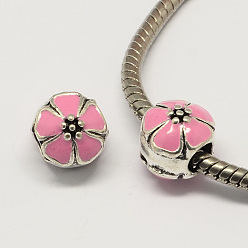 Pink Perles européennes alliage émail fleur de style grand trou, argent antique, rose, 10x11mm, Trou: 4mm