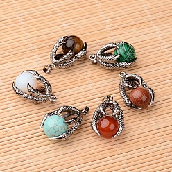 Mixed Stone Natural & Synthetic Mixed Stone Pendants, with Antique Silver Plated Brass Findings, Claw with Round Ball, 34.5x23x16mm, Hole: 5x7mm