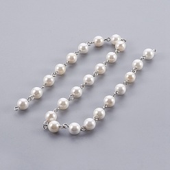 Platinum Handmade Shell Pearl Beaded Chains, Unwelded, with Iron Needle, Round, Platinum, 8mm, 39.37 inch, 1m/strand