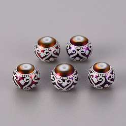 Purple Plated Electroplate Glass Beads, Round with Patten, Purple Plated, 10mm, Hole: 1.2mm