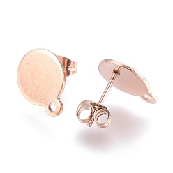 Rose Gold Ion Plating(IP) 304 Stainless Steel Stud Earring Findings, with Flat Plate, Flat Round, Rose Gold, 12mm, 12.5x10x1mm, pin: 0.8mm
