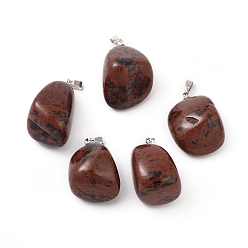 Obsidienne Acajou Acajou naturel pendentifs en obsidienne, avec les accessoires en laiton de tonalité de platine, nuggets, 23~30x13~22x12~20mm, Trou: 5x3mm