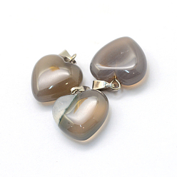 Grey Agate Heart Natural Grey Agate Pendants, with Platinum Tone Brass Findings, 17~19x15~16x5~8mm, Hole: 2x7mm