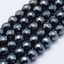 Black Electroplated Natural Agate Beads Strands, Dyed & Heated, Round, Faceted, Black, 8mm, Hole: 1.5mm, about 47pcs/strand, 14.9 inch(38cm)