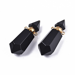 Obsidian Faceted Natural Obsidian Pendants, Openable Perfume Bottle, with Golden Tone Brass Findings, Hexagon, 40~41.5x15x13.5mm, Hole: 1.8mm, Bottle Capacity: 1ml(0.034 fl. oz)