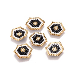 Black MIYUKI & TOHO Handmade Japanese Seed Beads Links, Loom Pattern, Hexagon, Black, 14~15x18~19x1.7mm