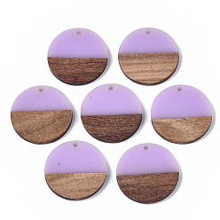 Violet Resin & Wood Pendants, Flat Round, Violet, 28.5x3.5~4mm, Hole: 1.5mm