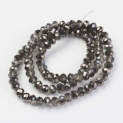 Noir Plaquent verre transparent perles brins, demi-plaqué noir, facette, rondelle, noir, 4x3mm, Trou: 0.4mm, Environ 123~127 pcs/chapelet, 16.5~16.9 pouce (42~43 cm)