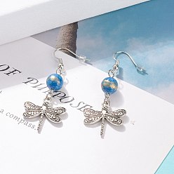 Medium Blue Round Natural Mashan Jade with Alloy Dragonfly Dangle Earrings, Brass Earrings for Women, Medium Blue, 50mm, Pin: 0.6mm