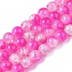 Hot Pink Baking Painted Crackle Glass Bead Strands, Two Tone, Round, Hot Pink, 8mm, Hole: 1.3~1.6mm, about 100pcs/strand, 31.4 inch
