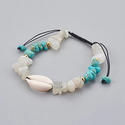 Turquoise Synthétique Bracelets de perles tressées en turquoise synthétique (teinte) et pierre de lune blanche naturelle, avec cauris, 1-7/8 pouces ~ 3-1/8 pouces (4.7~8 cm)