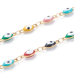 Golden 304 Stainless Steel Link Chains, with Enamelled Sequins, Soldered, Oval and Eye, Golden, 6x15.5x3.5mm