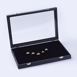 Black Wood Ring Displays, with Ice Plush inside and Covered with Glass, Rectangle, Black, 35x24x4.6cm