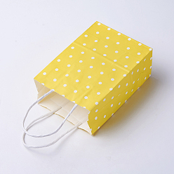 Jaune Sacs en papier kraft, avec poignées, sacs-cadeaux, sacs à provisions, rectangle, motif de points de polka, jaune, 15x11x6 cm