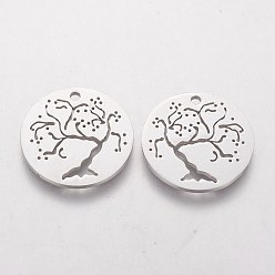 Stainless Steel Color 201 Stainless Steel Pendants, Flat Round with Cherry Tree, Stainless Steel Color, 20x1.1mm, Hole: 1.5mm