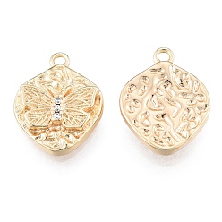 Real 18K Gold Plated Brass Micro Pave Clear Cubic Zirconia Charms, Cadmium Free & Nickel Free & Lead Free, Textured, Nuggets with Butterfly, Real 18K Gold Plated, 13x10x2mm, Hole: 1mm