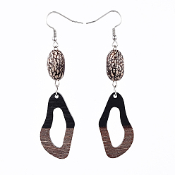 Black Resin & Wood Dangle Earrings, with Natural Bodhi Wood Bead and 316 Surgical Stainless Steel Earring Hooks, Twisted Oval, Black, 80~83mm, Pin: 0.6mm