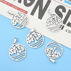 Stainless Steel Color 304 Stainless Steel Pendants, Flat Round with Tree, Stainless Steel Color, 27x25x2mm, Hole: 6x4mm
