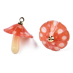 Orange Red Plastic Pendants, with Acrylic and Golden Plated Brass Loops, Mushroom, Orange Red, 18x15mm, Hole: 1.5mm