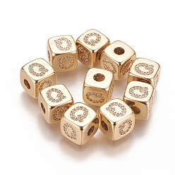 Letter Q Brass Micro Pave Cubic Zirconia Beads, Horizontal Hole, Real 18K Gold Plated, Long-Lasting Plated, Cube with Letter, Clear, Letter.Q, 9x9x9mm, Hole: 3.5mm