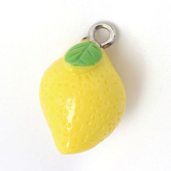 Jaune Citron pendentifs en résine, avec les accessoires en fer de tonalité de platine, jaune, 20~24x12x12mm, Trou: 2mm