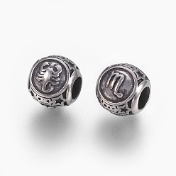 Antique Silver 316 Surgical Stainless Steel European Beads, Large Hole Beads, Rondelle, Scorpio, Antique Silver, 10x9mm, Hole: 4mm