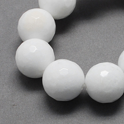 White Natural Jade Bead Strands, Dyed, Faceted, Round, White, 14mm, Hole: 2mm, 28pcs/strand, 14.6 inch