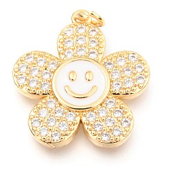 Mixed Color Brass Micro Pave Clear Cubic Zirconia Pendants, with Enamel and Jump Rings, Long-Lasting Plated, Flower with Smiling Face, Real 18K Gold Plated, Mixed Color, 24x22x3mm, Hole: 3mm