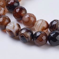 Saddle Brown Natural Striped Agate/Banded Agate Beads Strands, Faceted, Dyed, Round, Saddle Brown, 8mm, Hole: 1mm, about 46pcs/strand, 14.5 inch