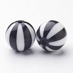 Black Colorful Stripe Chunky Bubblegum Acrylic Beads, Round, Black & White, 19x18mm, Hole: 3mm, about 120pcs/500g