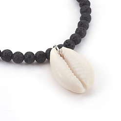 Black Cowrie Shell Pendant Necklaces, with Natural Lava Rock Round Beads and 304 Stainless Steel Lobster Claw Clasps, Black, 18.1 inch(46cm)